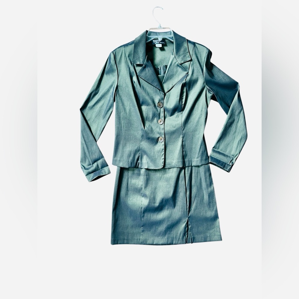 Vintage Olive Green Blazer dress two piece business suit from Dawn Joy Fashions